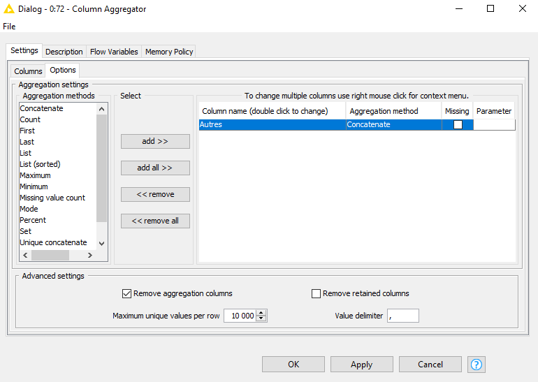 Column Agregator Knime