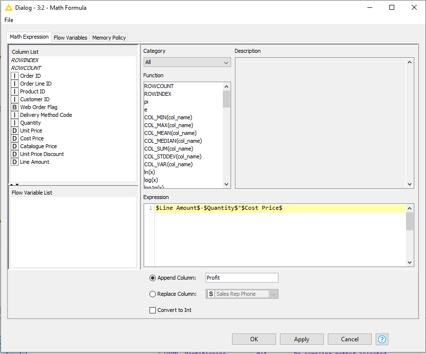 Formules mathématiques KNIME 