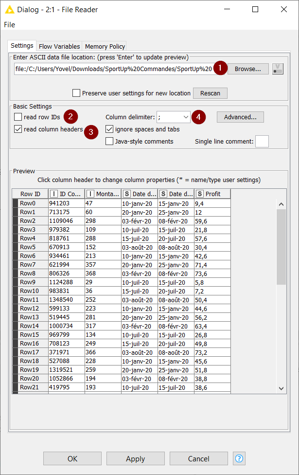 Configuration texte KNIME